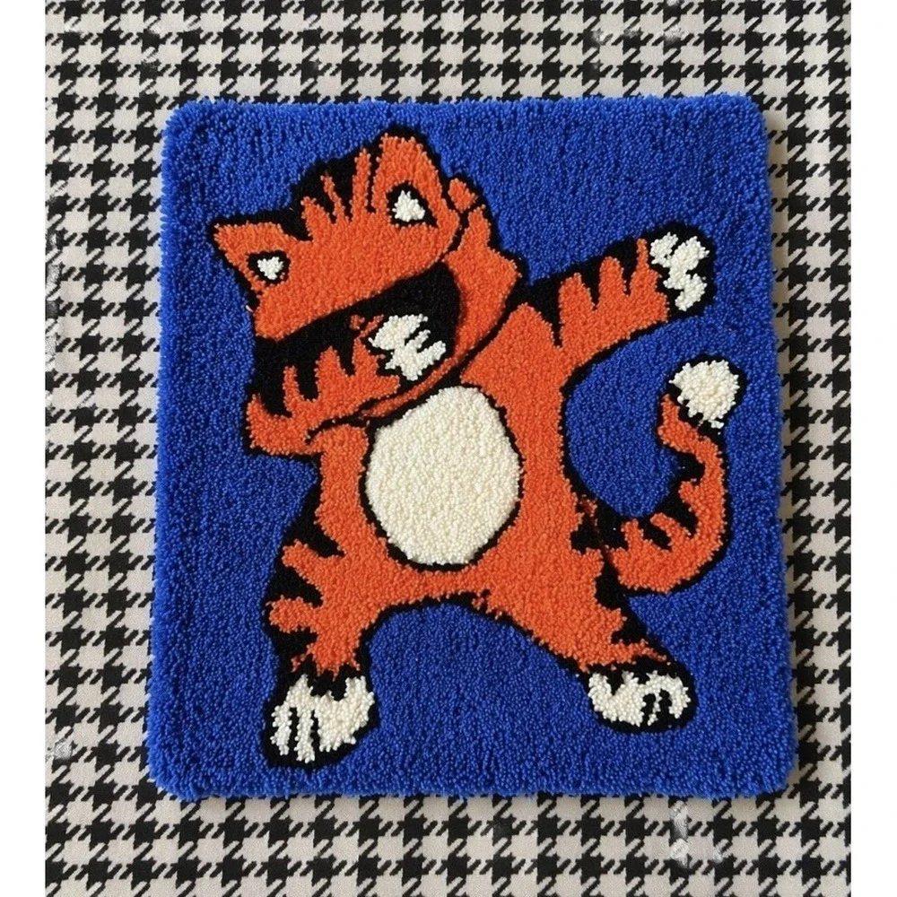 Retro Dabbing Tiger Latch Hook Rug Wall Hanging Orange Blue Funky Animal Decor